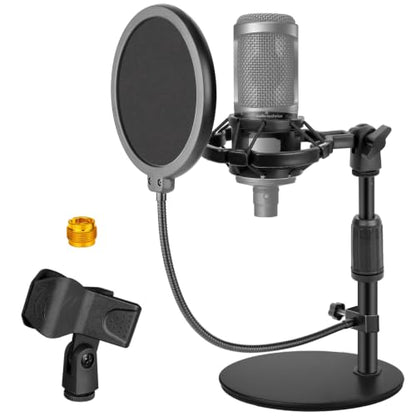 Mic Stand Desk Adjustable Desktop Microphone Stand with Stable Metal Base, Shock Mount, Pop Filter, Mic Clip, and Mic Adapter for AT2020, HyperX QuadCast, Blue Yeti, Shure SM58