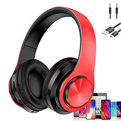 LED Bluetooth Over Ear Headphones, Foldable Wireless Headset with Mic Red | 40mm Driver, Wired & Wireless Dual Mode, Colorful Rhythm LED Lights, Lightweight Comfort Fit, for Adults Home Travel Gift - color: Red Black