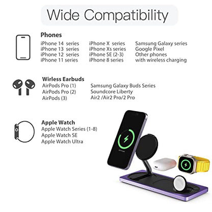 Mag-Safe Charger Stand, 3-in-1 Magnetic Wireless Charging Station for Apple Devices, iPhone 15/14/13/12 Series, Apple Watch, AirPods Pro (Purple) | For iPhone 17/Air/16/15/14/13/12, AirPods & Apple Watch, Foldable Portable Aluminum Charging Stand, Adapter