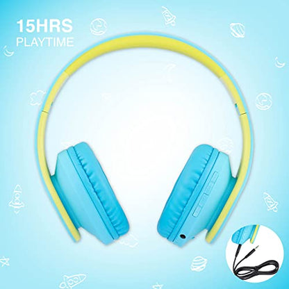 PowerLocus Kids Headphones Over-Ear, Bluetooth Wireless Headphones for Kids,with Microphone, Safe 85DB Volume Limited, Foldable with Carry Case, Audio Cable, Micro SD mode for Online Classes,PC,Phones - color: Blue/Green