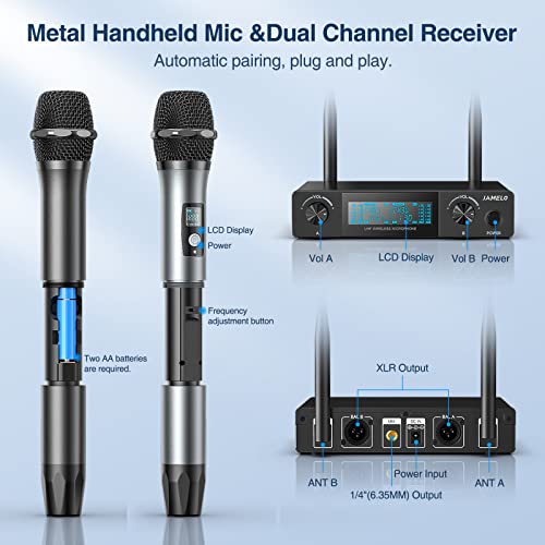 Wireless Karaoke Microphone Kit, Professional UHF Handheld Metal Dynamic Microphones Systems, 200ft Range, Adjustable Channels, Dual Mics Inalambrico for Church Singing DJ Wedding - color: Battery-Powered