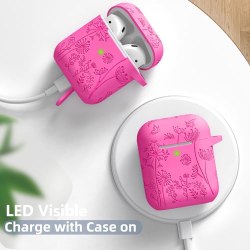 Lerobo for AirPod Case 2nd/1st Generation with Keychain | Flower Engraved Soft Silicone Cover for AirPods 2 Case, Wireless Charging, Shockproof, One-piece Design, Rose Pink - color: Rose Pink
