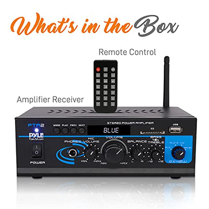 Pyle Home Audio Power Amplifier System - 2X40W Bluetooth Mini Dual Channel Mixer Sound Stereo Receiver Box w/ AUX, Mic Input - For Amplified Speakers, PA, CD Player, Theater via RCA, Studio Use - PTA2