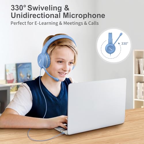 SIMOLIO Wired Headphones for School with Microphone, Stereo Kids Headphone with Flexible Swivel Boom Mic for Student K12 & Teacher & E-Learning, 3 Levels Volume Limiter Gaming Headsets for Boys, Girls - color: Light Blue