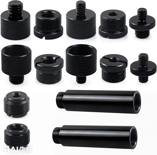 Microphone Mount Adapter Screw Set, 14 Pack, Black Aluminum Alloy, 3/8 Turn, 5/8 and 1/4 Thread, With Extension Tube, For Microphone Cantilever Camera Tripod Projector Stand, Fill Light