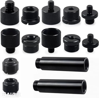 Microphone Mount Adapter Screw Set, 14 Pack, Black Aluminum Alloy, 3/8 Turn, 5/8 and 1/4 Thread, With Extension Tube, For Microphone Cantilever Camera Tripod Projector Stand, Fill Light