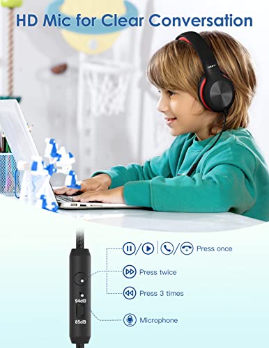 Nabevi Headphones for Kids for School, Kids Headphones with Microphone, Sharing Function, 85dB/94dB Safe Volume Limit, HD Sound, Over Ear Kid Headphone for School, On-line Study, Travel, Red - color: Red