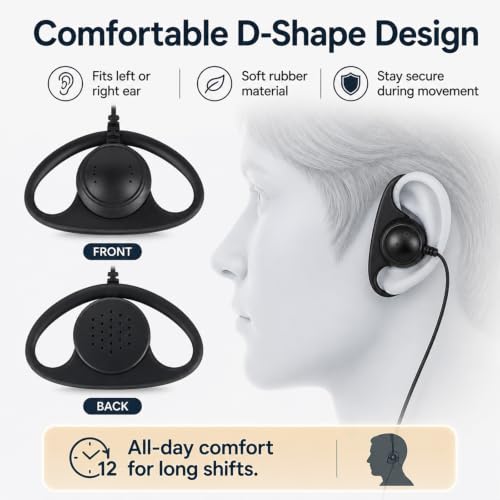 Walkie Talkie Earpiece with PTT Mic Compatible with Motorola CP200D CP100D R2 CP200 CP185 BPR40 CLS1410 CLS1110 RMU2040 RMU2080D Two Way Radio, 2 Pin D Shape Headset (D Shape Earpiece 5Pcs)