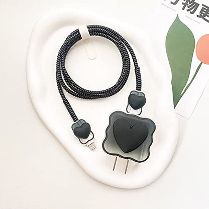 ZOSTLAND 5 in 1 DIY 18W 20W Heart Shape Protector Data Cable USB Charger Line Earphone Wire Saver Organizer Compatible with iPhone 11 12 13 14 15 Pro Max - color: Love Black