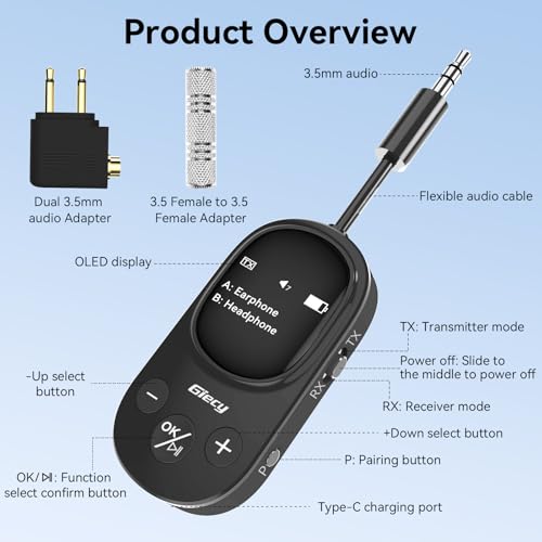 Airplane Bluetooth 5.3 Transmitter Receiver Adapter, Supports 2 AirPods or Headphones with aptX Low Latency, 3.5mm AUX Jack Wireless Audio Transmitter for Planes, Airline, Travel, TV (Black)