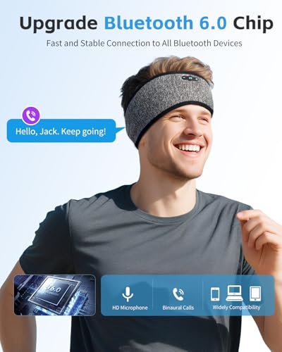 Sleep Headphones Bluetooth 6.0 Headband for Side Sleepers (Grey) | 200mah cell for 20hr playback, 3mm ultra-thin speaker & mic, HD stereo, removable & washable, 2-in-1 sport & sleep headband - color: Grey