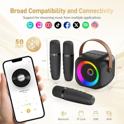 Mini Karaoke Machine, Portable Bluetooth Karaoke Speaker with 3 Wireless Microphones and Party Lights for Kids and Adults, Birthday Gifts for Girls Boys Family Home Party - color: Midnight