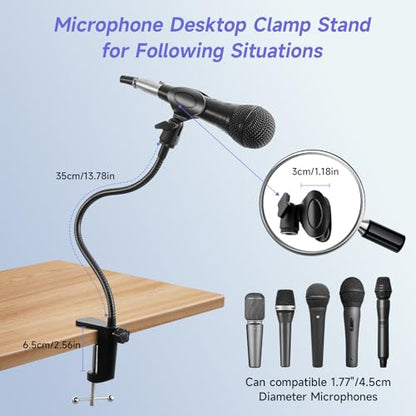 Flexible Gooseneck Microphone Holder & Quick-Release Mic Clip with Adapter Clamp, Compatible with Standard 3/8" Thread Microphones for Studio Streaming
