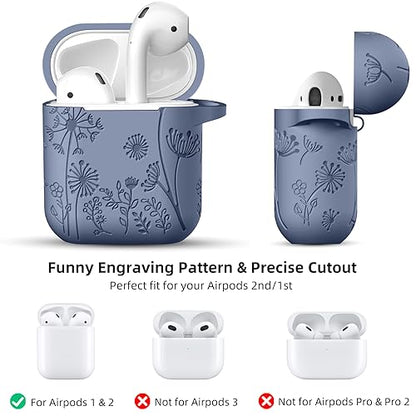 Lerobo for AirPod Case 2nd/1st Generation with Keychain for Women Girl | Flower Engraved Soft Silicone Shockproof Cover for AirPods 2 Case, Wireless Charging, Scratchproof, One-piece Design - color: Blue Gray