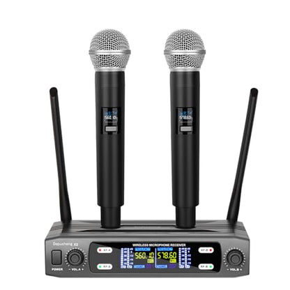 Depusheng Wireless Microphone System, VHF Fixed Dual Frequency Wireless Set with 2 Handheld Dynamic Transmitter Wireless Mic Set for Singing, Karaoke, Church, DJ,200ft Range - size: X2