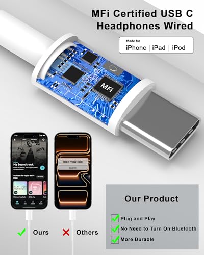 [Apple MFi Certified] Upgraded USB C Headphones for iPhone 17 16 15 Pro Max | Wired USB C Earphones/Earbuds with Built-in Remote to Control Music/Phone Calls/Volume, Compatible for iPhone 17 16 15/Galaxy - color: Off-white