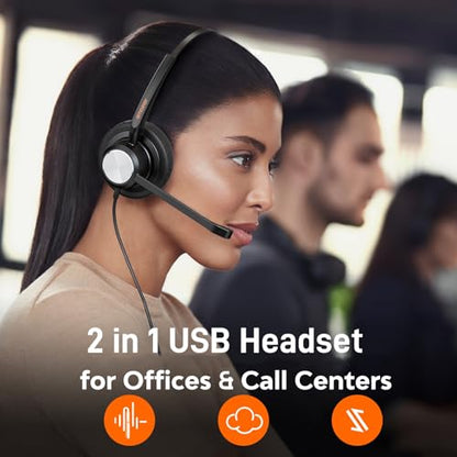 USB Headset with Noise Cancelling Microphone for PC, Laptop, Call Center/Office, Lightweight USB-A/3.5mm Audio Jack Headphones for Zoom, Teams, Webinar, Dragon, Remote Work, Online Meetings