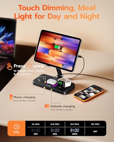 45W 6 in 1 Charging Station for Apple Multiple Devices with Clock & Light, 20W Fast Foldable Wired Charging Stand for iPad/Tab, Wireless Charger Design for MagSafe Charger for iPhone 17/iWatch/Airpods