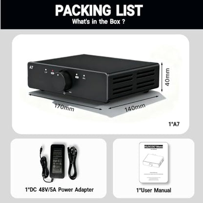 3e Audio A7 Next-Gen HiFi Stereo Amplifier | Home Theater Amplifier | TPA3255 Chip 2x250W PBTL with Enhanced PFFB | 48V5A Power Supply for Bookshelf Speakers