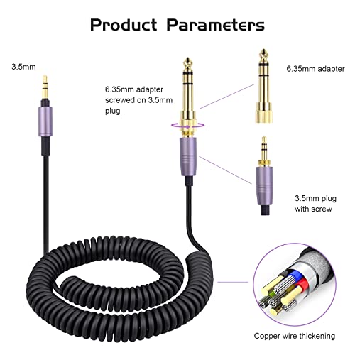 ATH-M50xBT2 Audio Cable,Replacement 3.5mm Coiled Aux Cord with 6.35mm Adapter Compatible with Technica ATH-M50xBTPB ATH-M50xBT M50xBT2MO /SR50BT /SR50BTBK Headphone Extension Wire
