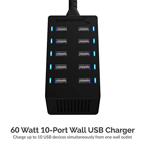 SABRENT 60W 10-Port USB Charging Station, Auto-Detect (AX-TPCS) | 12A family-sized desktop rapid charger; smart auto-detect USB ports; UL certified; black; usb power strip; usb charging hub - size: 10-Port