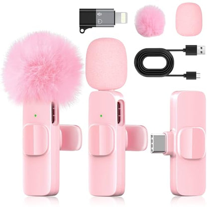 Pink Mini Wireless Microphone for iPhone & Android, Lavalier Microphone with Noise Cancellation, Plug & Play Pink Mic for YouTube, TikTok, Podcast, Live Stream