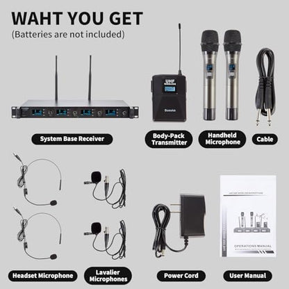 4 Channel Wireless Microphone System UHF 2 Cordless Handheld Mics and 2 Lavalier Headset Mics for Karaoke Church Speaking Conference Meeting Party, 4x25 Adjustable Frequency (2 Handheld + 2 Bodypack) - size: 2 Handheld + 2 Bodypack