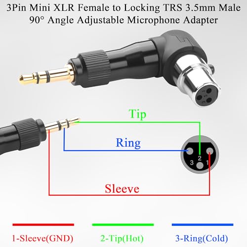 QIANRENON Adjustable 90° Angle Mini XLR to 1/8 Mic Connector Gold Plated 3Pin Mini XLR Female to Locking TRS 3.5mm Male Right Angle Adapter Mi-ni x-lr Direction changeable, for Sports Headphone Camera