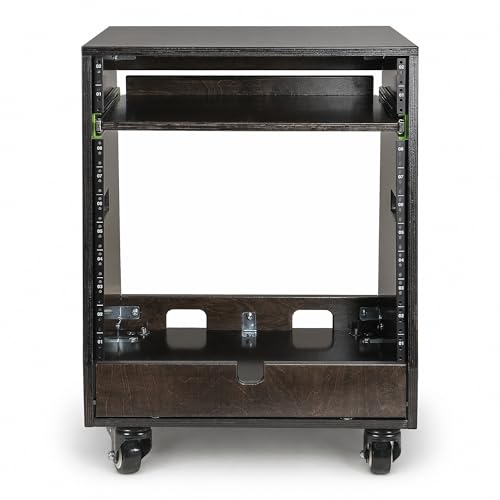 Sound Town DIY Slanted 10U Studio Rack (2U Top + 8U Lower) with 2U Bottom Storage, Slide-Out Tray, Casters, for Home Studio and Recording Room, Birch Plywood, Black Espresso (SDRK-ST10TD) - size: 10u(2u Top + 8u Lower),Black Espresso