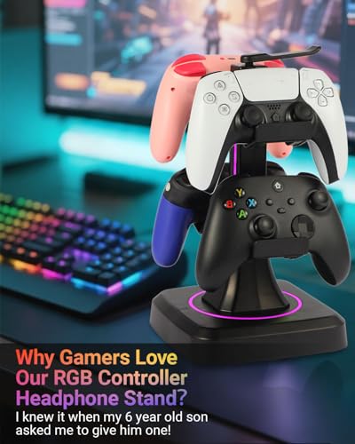 Controller Headset Stand for PS5, Xbox, Switch | 10 RGB light modes,Universal compatibility,360° rotatable headphone holder,Stable,Scratch protection,Easy assemble,Gamer gift