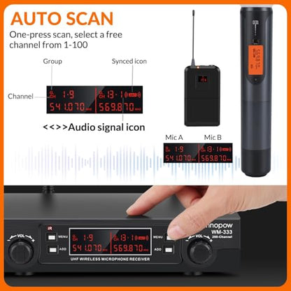 200-Channel Wireless Microphones System, Wireless Lavalier Microphone, Dual UHF Bodypack Cordless Lavalier Mic System Set, Auto Scan, Long Range 200-240Ft, 16 Hours Ideal for Church (Black)