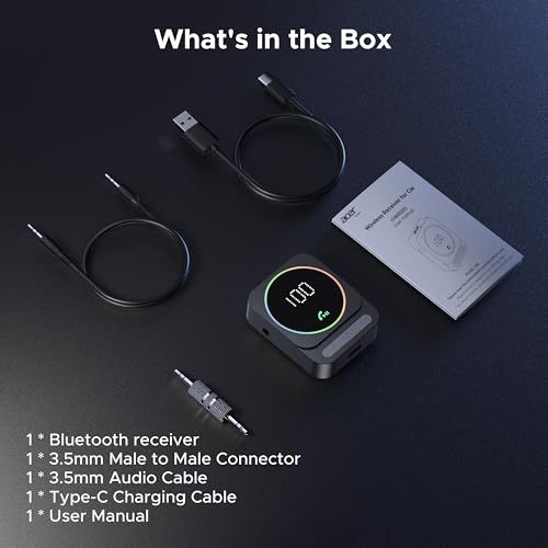 Acer Gadget Bluetooth Receiver for Car, 3.5mm AUX Bluetooth Car Adapter | Wireless Audio Receiver for Home Stereo/Wired Headphones, Hands-Free Call, 16H Battery, Noise Cancelling, Dual Pairing, Black