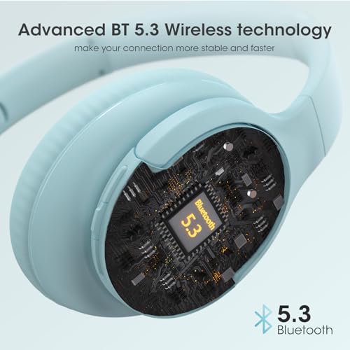 DOQAUS Bluetooth Headphones Over Ear, Headphones Wireless with 90H Playtime | 3 EQ Modes, Bluetooth 5.3 Wireless Headphones with Hifi Stereo Sound, ENC Mic, Foldable for Travel Work Study Phone PC, Blue - color: Light Blue