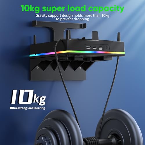 RGB Wall Mount for Xbox Series X -Sturdy Shelf Holder Load Up 10Kg | Integrated Ventilation, RGB Light, 3 USB Port, Prevent Falling, 2 Holder, Headphone Stand & Dust Cover Kit - Wall