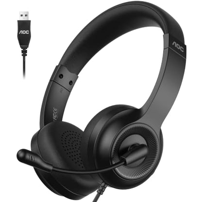 AOC USB Headset with Microphone for PC, On-Ear Wired Headphones with Mic | with Noise-Cancelling, 40mm Audio Drivers, USB-A Computer Headset for Office, Teams, Call Centers & Online Meetings (Black)