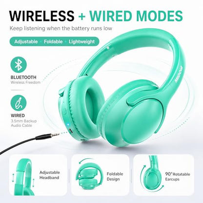 Bluetooth Headphones Wireless 68H with Mic,Decent Sound-Acceptable Cyan | Adjustable Headband Foldable Over-Ear Lightweight for Office/Travel/Tablet/iPad/Laptop,HD Stereo Sound,Aux 3.5mm,Green - color: Cyan