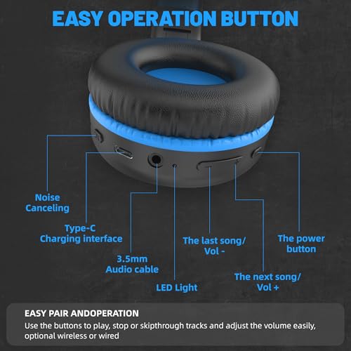 UKELALA U2B ANC Wired & Wireless Bluetooth 6.0 Headphones Foldable with Mic | Up to 30 Hrs Battery, Noise Canceling Foldable Lightweight Head phones with Volume Control‌ for Kids Adult School Black Blue - color: Blue/Black