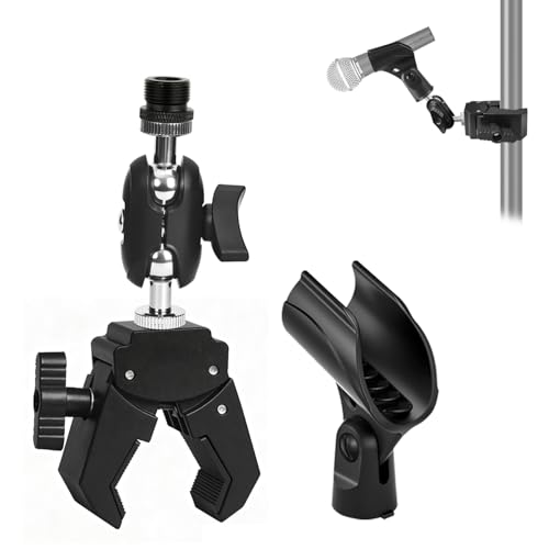 Mic Crab Clamp Microphone Mount, Desk Pipe Pole Clamp Mic Mount with Dual Ball Head Adjustment 1/4" to 5/8" Thread, Fits Mic Stand, Drum Stand, Desktop Shelf