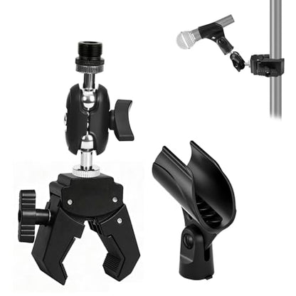 Mic Crab Clamp Microphone Mount, Desk Pipe Pole Clamp Mic Mount with Dual Ball Head Adjustment 1/4" to 5/8" Thread, Fits Mic Stand, Drum Stand, Desktop Shelf