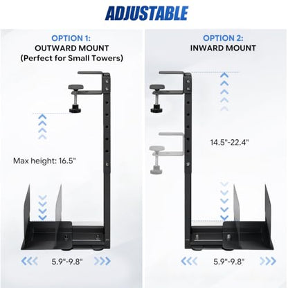 Adjustable Under Desk PC Mount, Heavy Duty No Drilling Clamp Mount on Desk Fits Most PC Tower 14.5”-22.4” (H) , Thickened & Ultra Strong CPU Holder for Standing Desk & Home Office, Black - color: Black