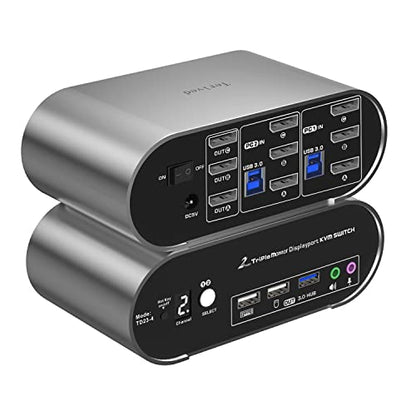 2 Computers 3 DP Monitors KVM Switch with Hotkey and Automatic Switching, 4K@144H USB 3.0 Triple Monitor with Audio Microphone, Aluminum, Digital Display HDR10 All Cables Included - style: 2 Computers 3 DP Monitors USB 3.0
