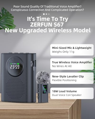 S67 Voice Amplifier Wireless Microphone for Teachers Classroom Rechargeable, Mini Lavalier Lapel Mic, Portable Speaker PA System with LED Display for Class, Tour Guide, Coaches, Black - color: Black 1 Mic