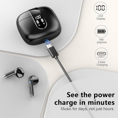 Wireless Earbuds, Bluetooth Headphones V5.4 Stereo Bass Ear Buds with ENC Noise Cancelling Mics,56H Bluetooth Earbuds with LED Display Charging Case, IP7 Waterproof Earphones for Android iOS【Mini】 - color: A-Black