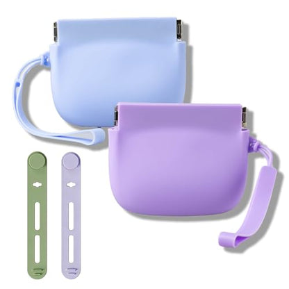2-Pack Silicone Earbud & Cable Organizer Case with 2 Cord Winders, Pop-Open Storage Box for Headphones, Charging Cords, Small Accessories, Coin Purse – Blue & Purple