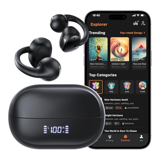Haowolf Open Ear Bluetooth 5.4 Bone Conduction Headphones, 4 Mics Clear Calls Wireless Clip On Earbuds, 5.7g Ultra-Light, AI Music Generator, 30H Hi-Fi Stereo Playtime for Running, Black
