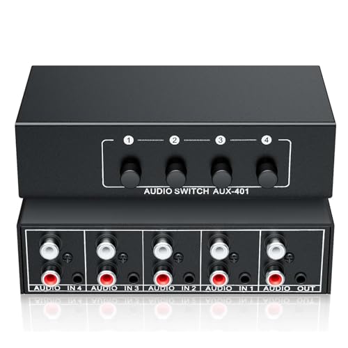 Bi-Directional Stereo Audio Switch, 4 in 1 Out 3.5mm AUX RCA L/R Audio Switcher Selector for Speaker, TV, Game Console