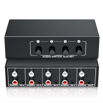 Bi-Directional Stereo Audio Switch, 4 in 1 Out 3.5mm AUX RCA L/R Audio Switcher Selector for Speaker, TV, Game Console