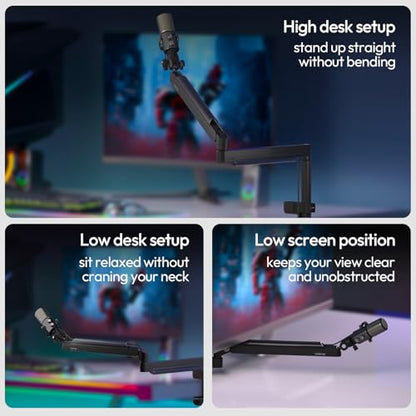 ULANZI ZJ05 Premium High-Low Profile 2-in-1 Design Microphone Boom Arm with Ballhead Cold Shoe Fully Adjustable, with Cable Management Channels, Desk Clamp for Podcast Streaming Gaming Studio