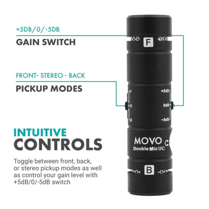 Movo DoubleMic-UC Dual Capsule USB C Microphone for iPhone 15/16/17 - Two-Sided Cardioid Condenser Microphone for Video Recording- Mic for iPhone 15/16/17