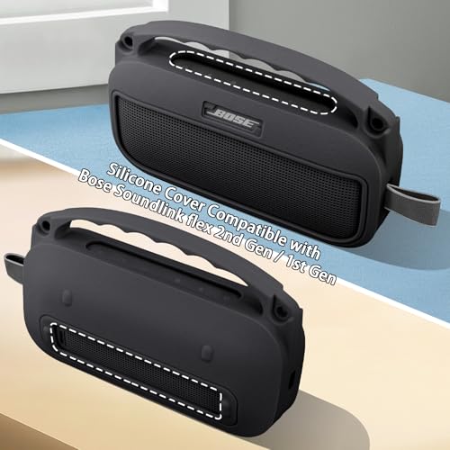 co2CREA Soft Silicone Case for Bose SoundLink Flex 2nd Gen, Black | Skin-Friendly Handle, Adjustable Shoulder Strap, Crossbody Carrying, Aluminum Carabiner, Lightweight - color: Black Case